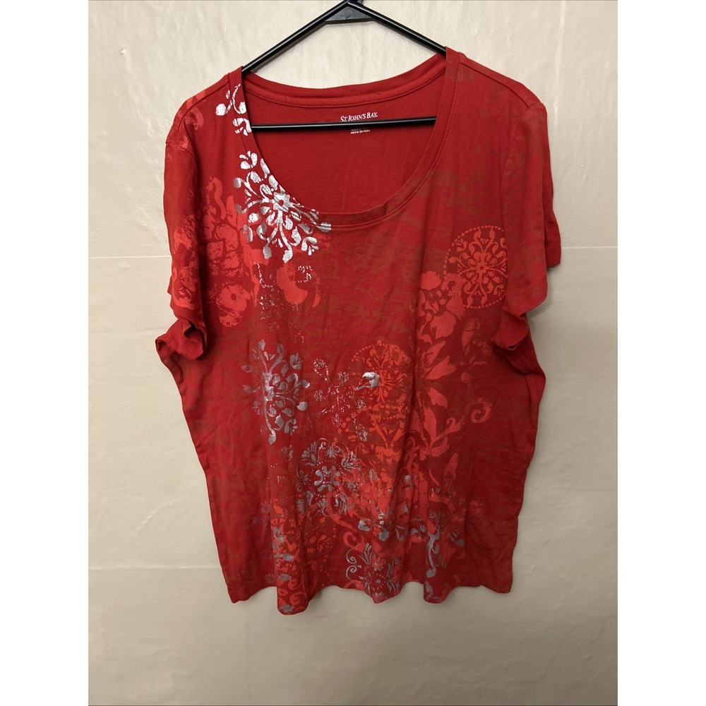 St John's Bay 3X Red Knit Scoop Neck‎ Top Silver Graphic